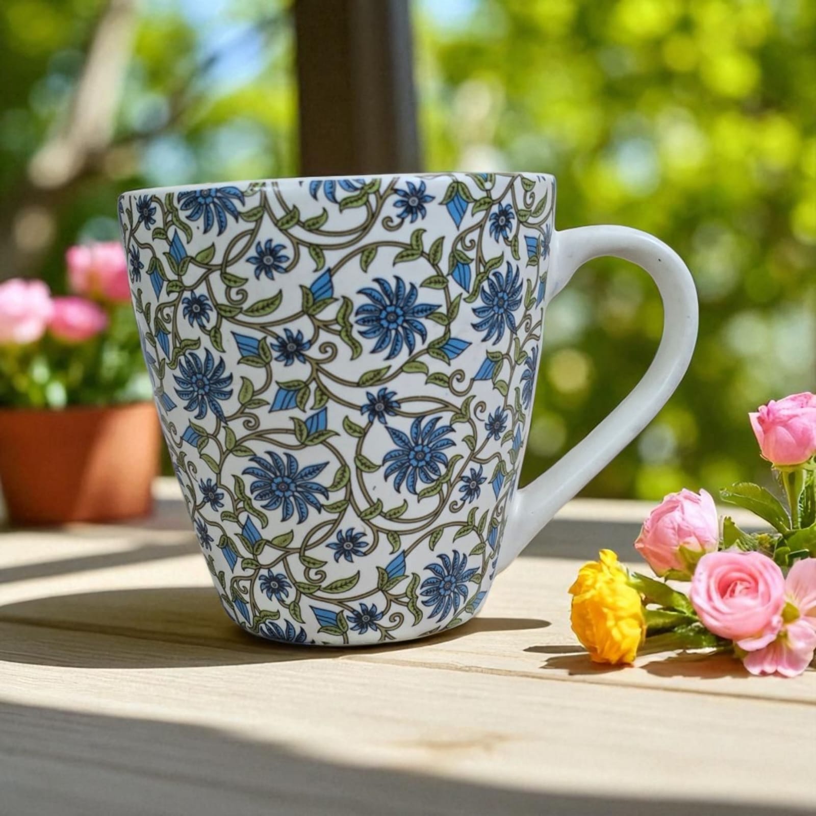 Ceralight Turquoise Blue and Green Floral Decal Ceramic Coffee Mugs/Microwave Safe, 350ml