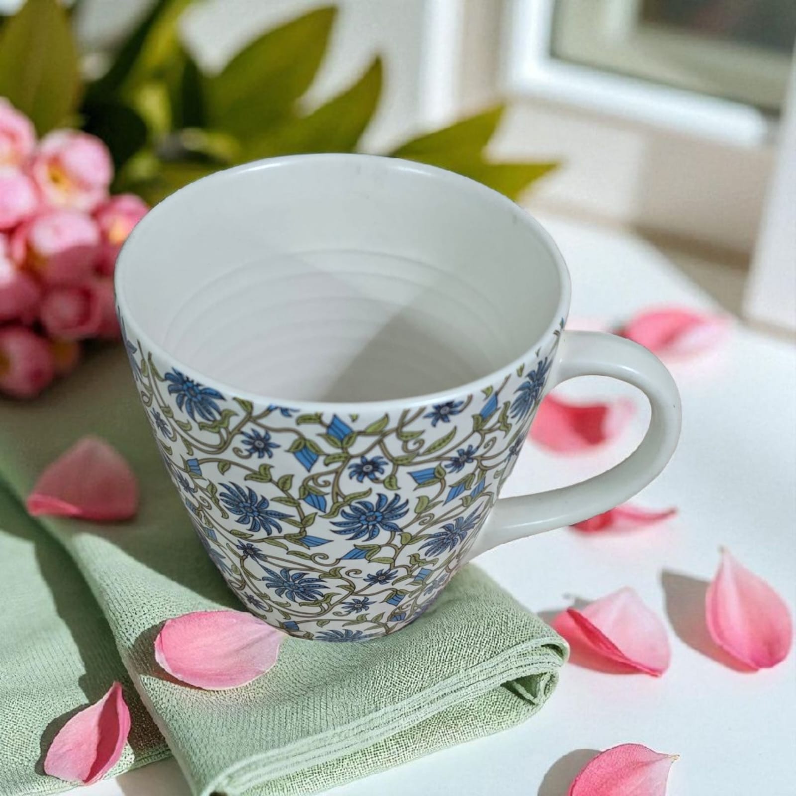 Ceralight Turquoise Blue and Green Floral Decal Ceramic Coffee Mugs/Microwave Safe, 350ml