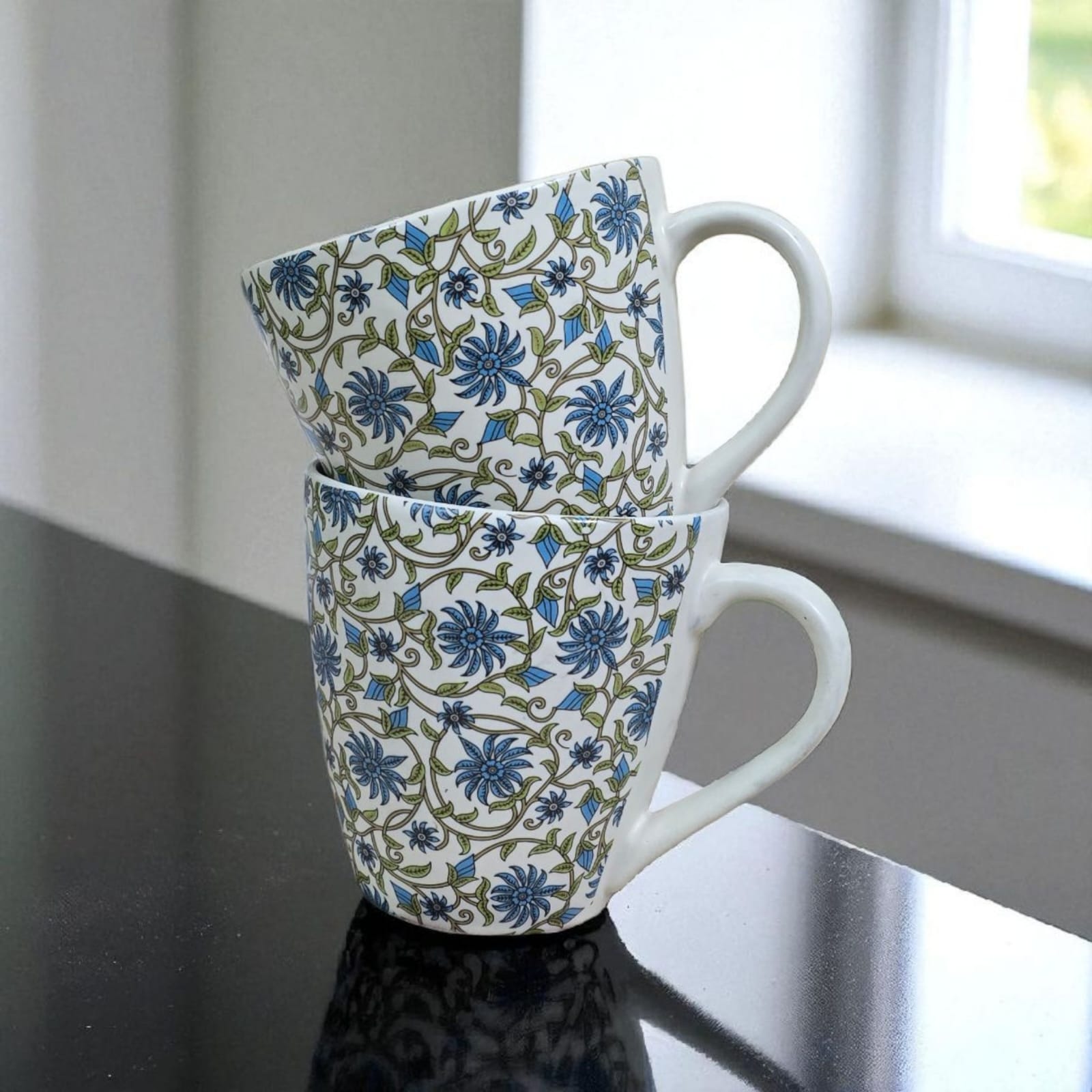 Ceralight Turquoise Blue and Green Floral Decal Ceramic Coffee Mugs/Microwave Safe, 350ml