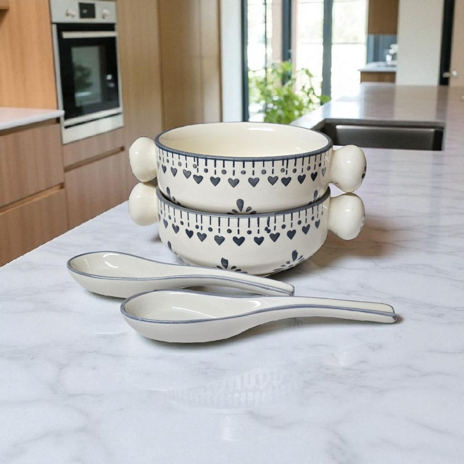 Ceralight Hand Painted Serving/Soup Bowl with Spoon (Set of 2) | White and Grey | Kitchenware | Tableware | Table Decor
