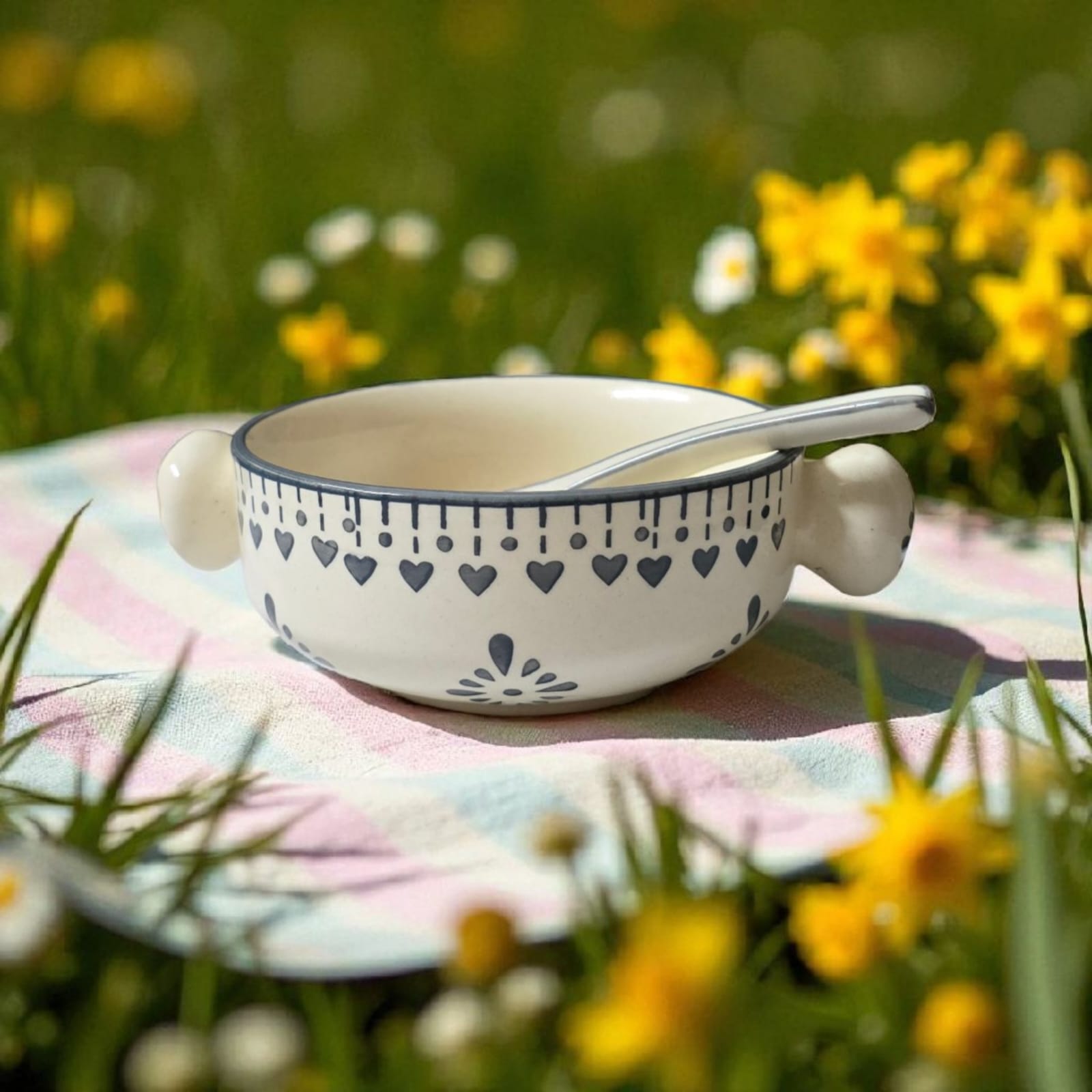 Ceralight Hand Painted Serving/Soup Bowl with Spoon (Set of 2) | White and Grey | Kitchenware | Tableware | Table Decor