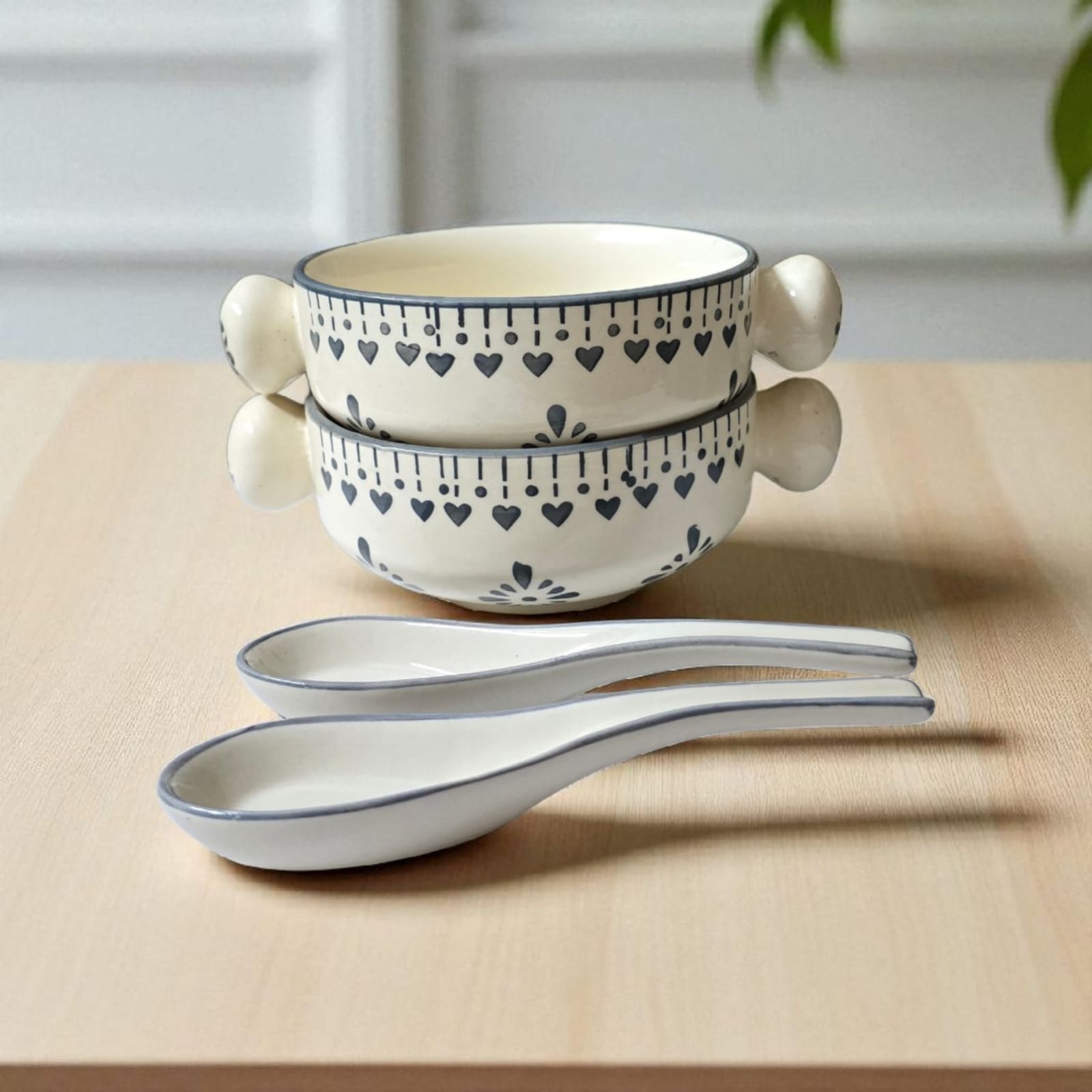 Ceralight Hand Painted Serving/Soup Bowl with Spoon (Set of 2) | White and Grey | Kitchenware | Tableware | Table Decor