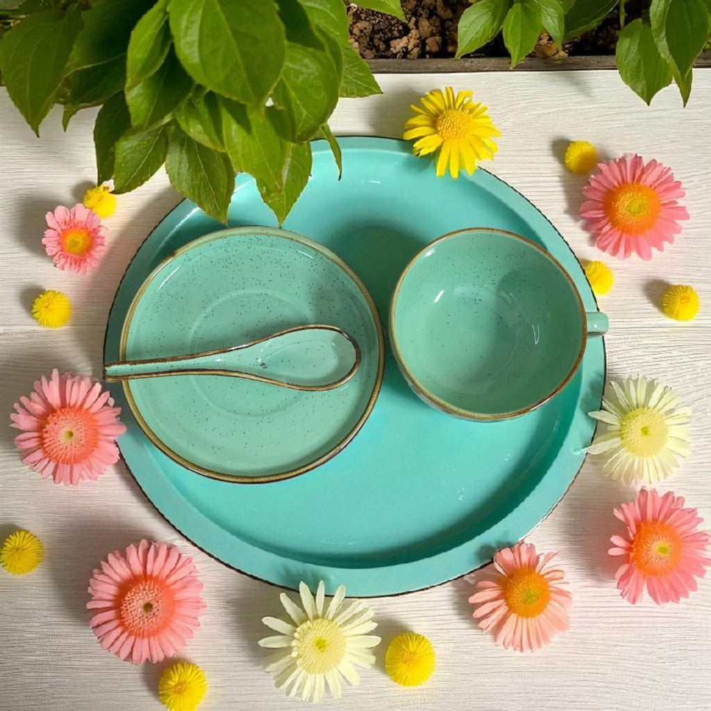 Ceralight Elegant Mint Green Ceramic Saucer | Mug | Soup Bowl Set - 3-Piece Set