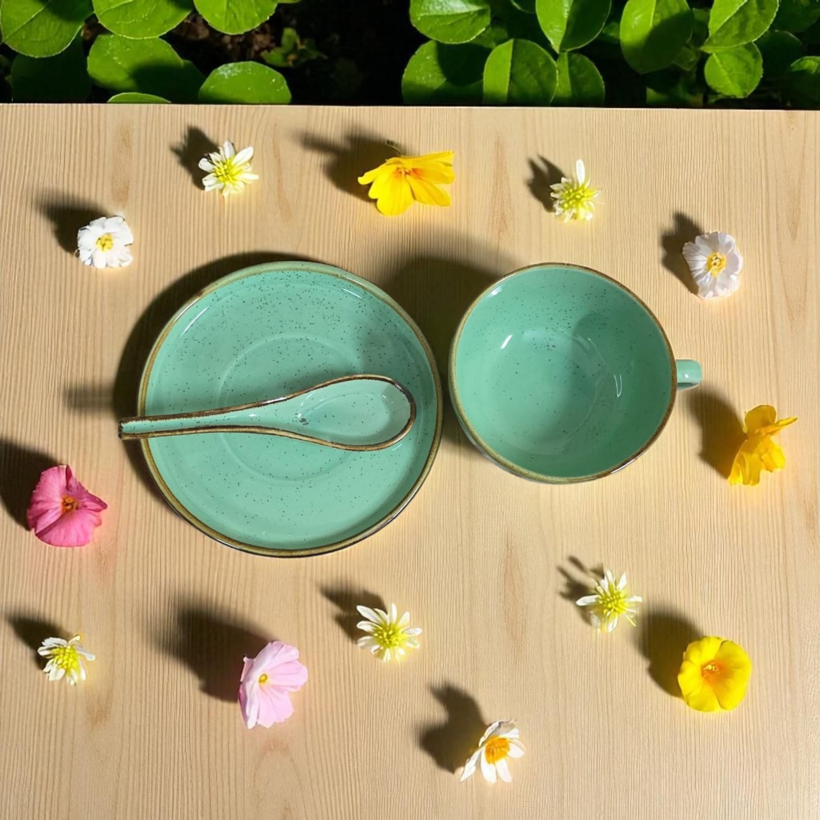 Ceralight Elegant Mint Green Ceramic Saucer | Mug | Soup Bowl Set - 3-Piece Set