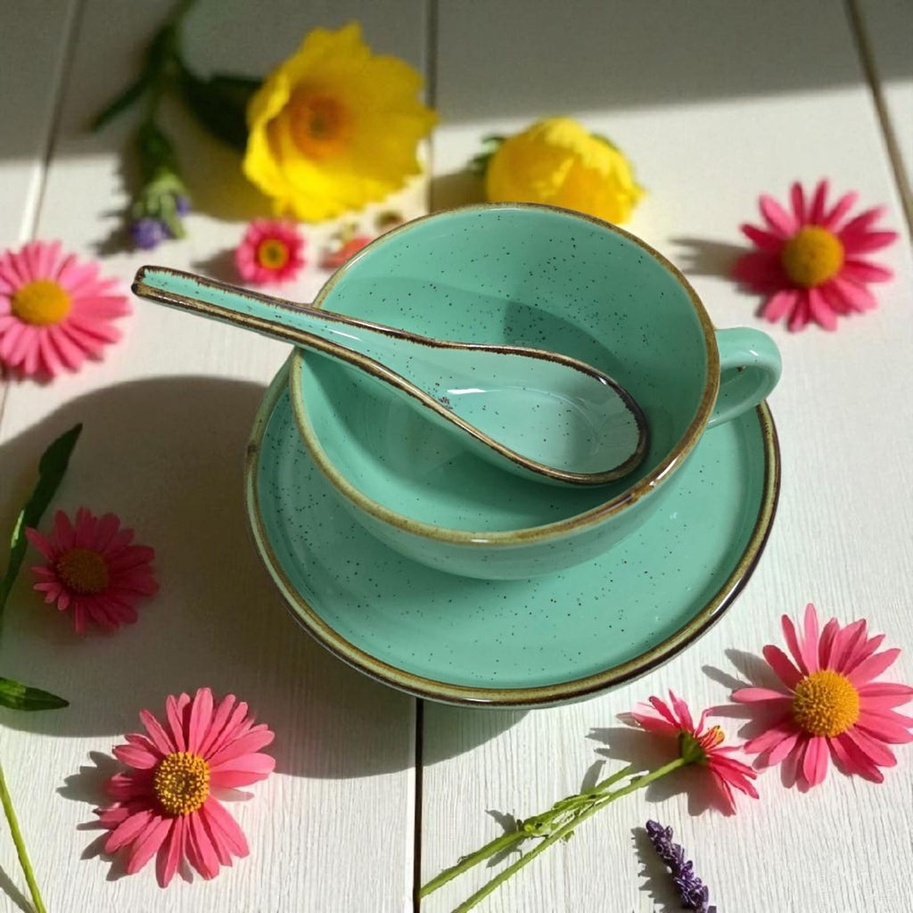 Ceralight Elegant Mint Green Ceramic Saucer | Mug | Soup Bowl Set - 3-Piece Set