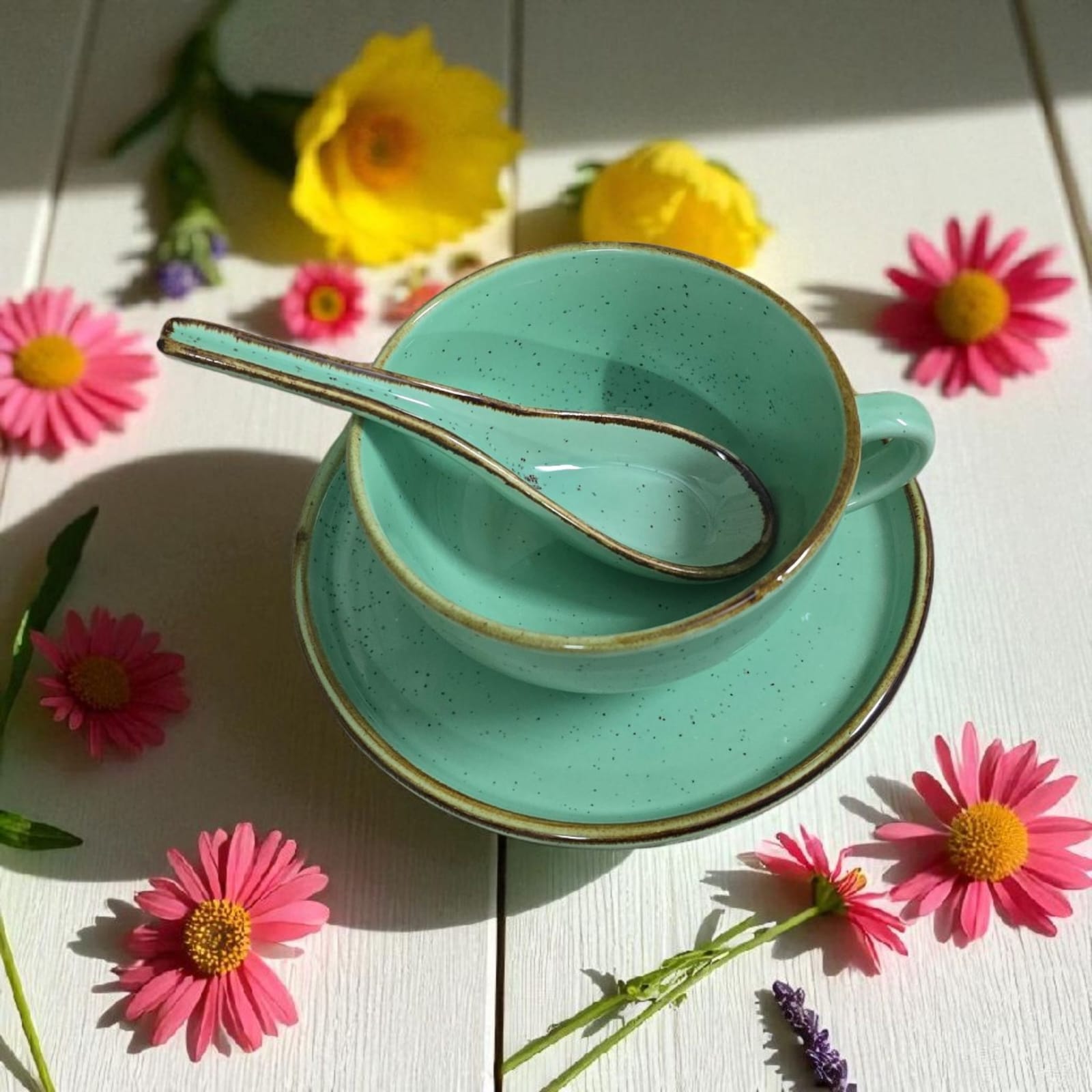 Ceralight Elegant Mint Green Ceramic Saucer | Mug | Soup Bowl Set - 3-Piece Set